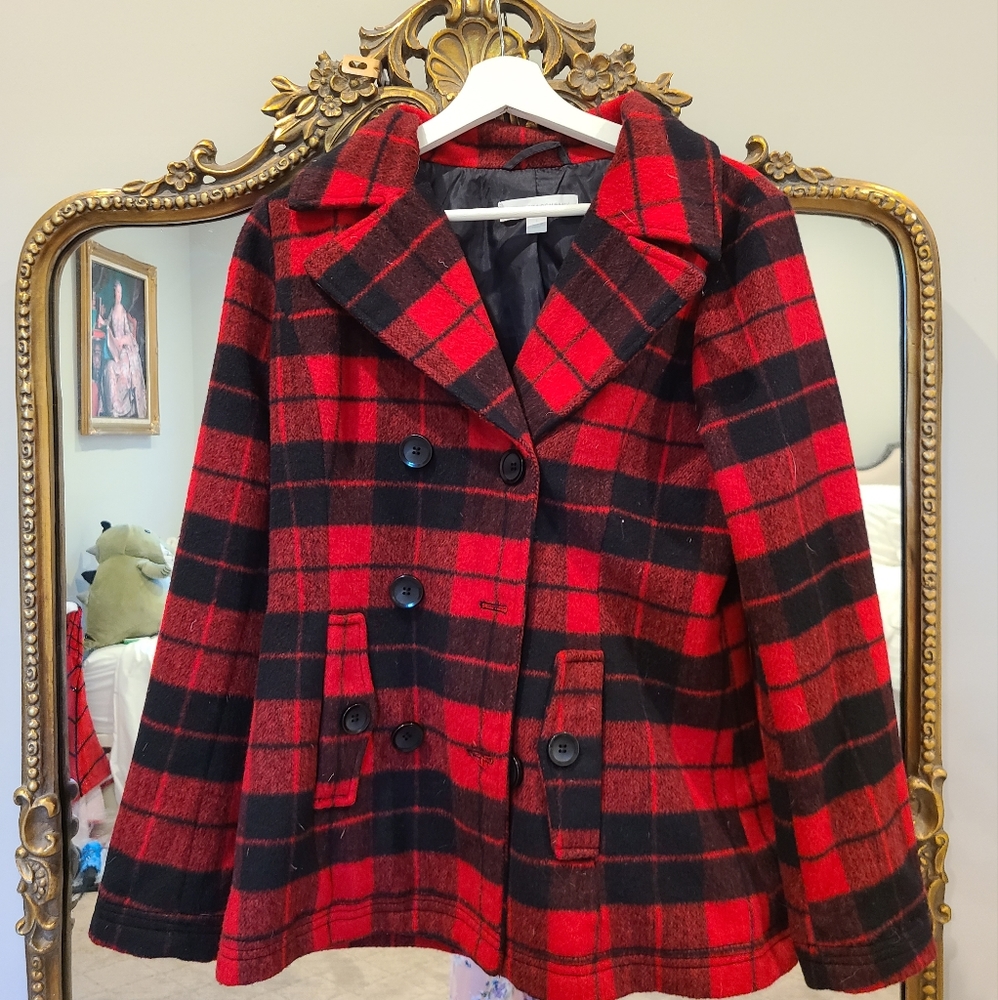 Red and black plaid peacoat